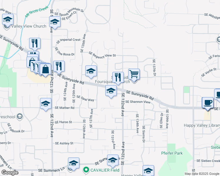 map of restaurants, bars, coffee shops, grocery stores, and more near Southeast Sunnyside Road in Clackamas