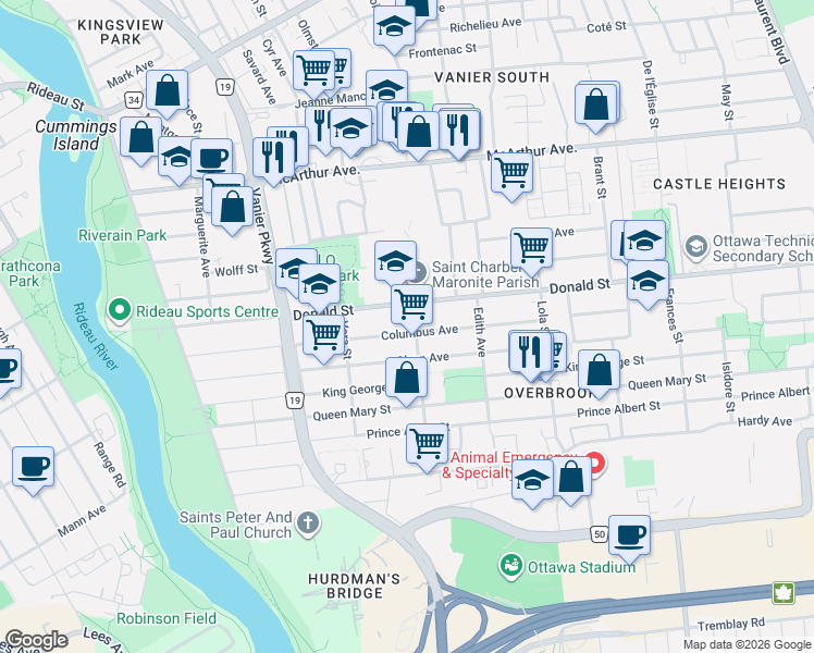 map of restaurants, bars, coffee shops, grocery stores, and more near 215 Columbus Avenue in Ottawa