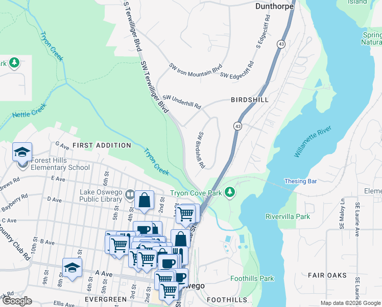 map of restaurants, bars, coffee shops, grocery stores, and more near 210 Southwest Birdshill Road in Portland
