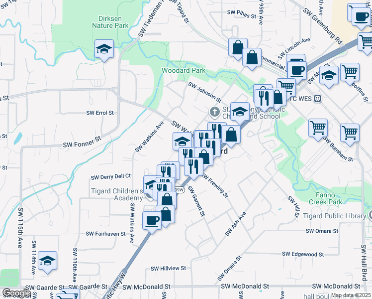map of restaurants, bars, coffee shops, grocery stores, and more near 12805 Southwest Grant Avenue in Tigard