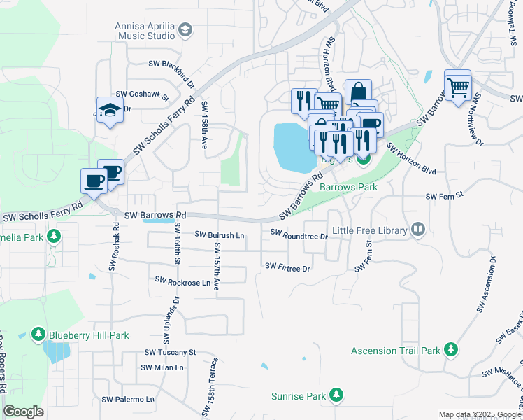 map of restaurants, bars, coffee shops, grocery stores, and more near 12800 Southwest Harlequin Drive in Beaverton