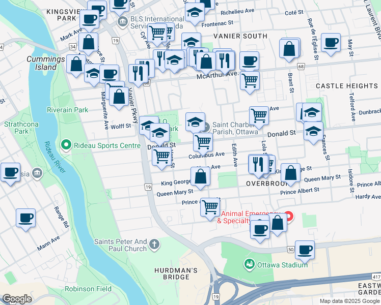 map of restaurants, bars, coffee shops, grocery stores, and more near 235 Donald Street in Ottawa