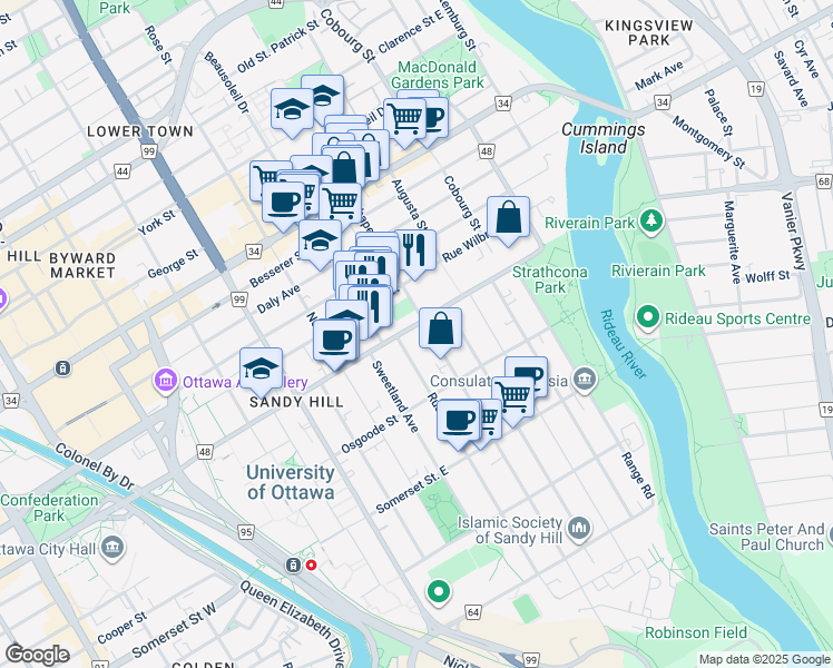 map of restaurants, bars, coffee shops, grocery stores, and more near 283 Chapel Street in Ottawa