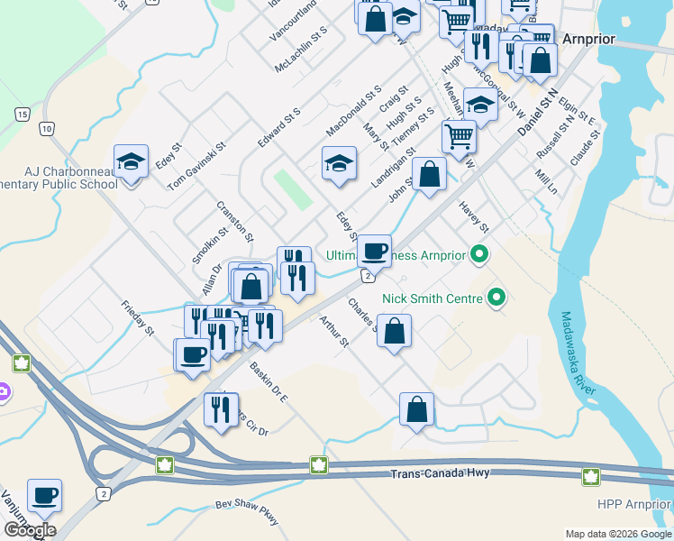 map of restaurants, bars, coffee shops, grocery stores, and more near 26 Gary Crescent in Arnprior