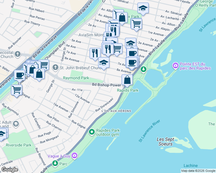map of restaurants, bars, coffee shops, grocery stores, and more near 250 Boulevard Bishop-Power in Montréal