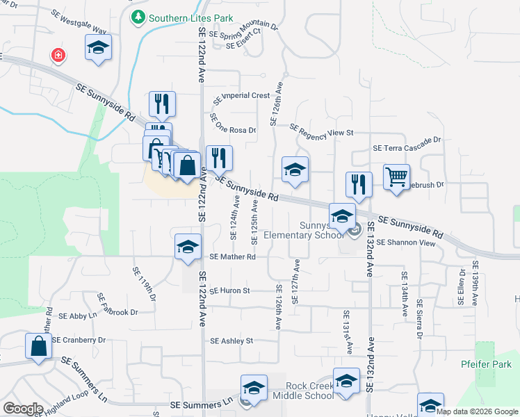 map of restaurants, bars, coffee shops, grocery stores, and more near 13226 Southeast 125th Avenue in Clackamas