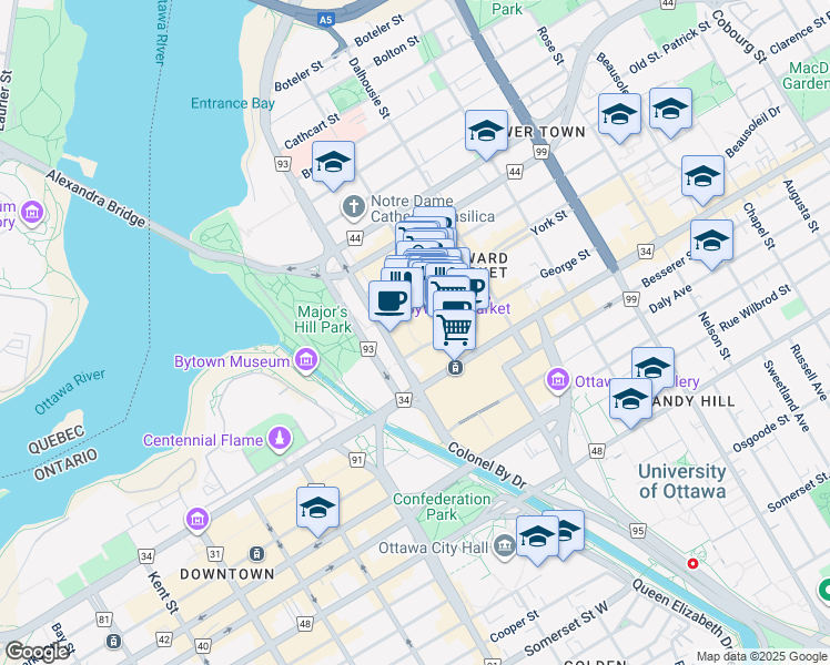 map of restaurants, bars, coffee shops, grocery stores, and more near 24 York Street in Ottawa