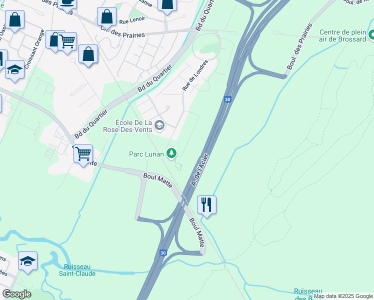 map of restaurants, bars, coffee shops, grocery stores, and more near 7255 Rue de Lunan in Brossard