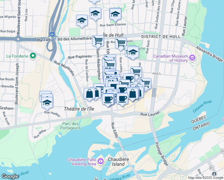 map of restaurants, bars, coffee shops, grocery stores, and more near in Gatineau