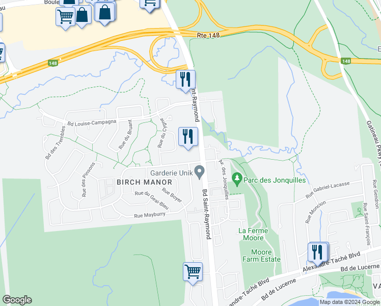 map of restaurants, bars, coffee shops, grocery stores, and more near 260 Boulevard Saint-Raymond in Gatineau