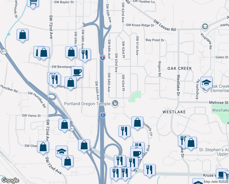 map of restaurants, bars, coffee shops, grocery stores, and more near 13651 Southwest 63rd Avenue in Portland