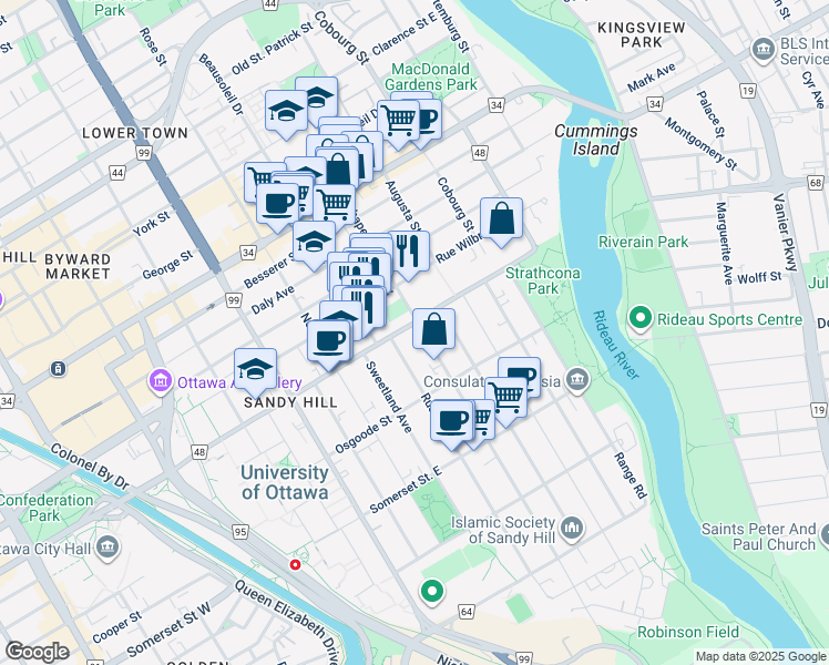 map of restaurants, bars, coffee shops, grocery stores, and more near 324 Avenue Laurier in Ottawa