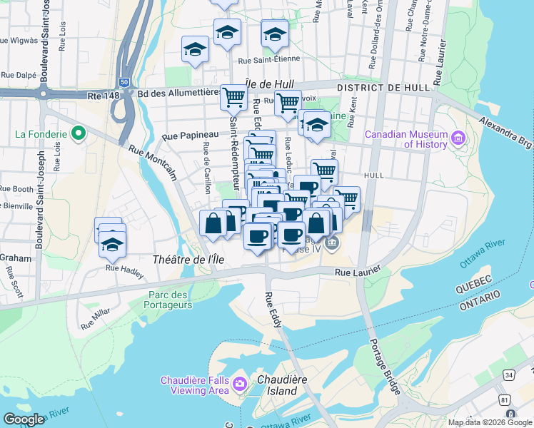 map of restaurants, bars, coffee shops, grocery stores, and more near 66 Rue Eddy in Gatineau
