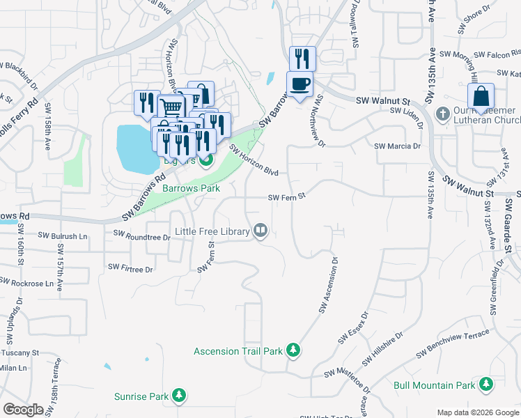 map of restaurants, bars, coffee shops, grocery stores, and more near 14540 Southwest Fern Street in Portland
