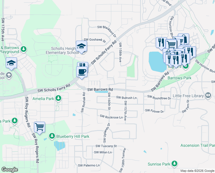 map of restaurants, bars, coffee shops, grocery stores, and more near 15985 Southwest Towhee Lane in Beaverton