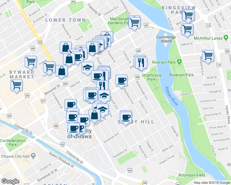 map of restaurants, bars, coffee shops, grocery stores, and more near 283 Chapel Street in Ottawa