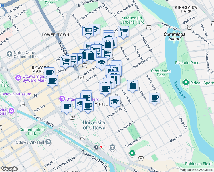 map of restaurants, bars, coffee shops, grocery stores, and more near 301 Rue Wilbrod Street in Ottawa