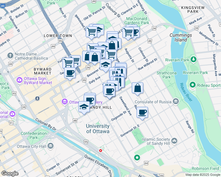map of restaurants, bars, coffee shops, grocery stores, and more near 301 Rue Wilbrod Street in Ottawa