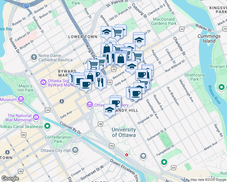 map of restaurants, bars, coffee shops, grocery stores, and more near in Ottawa