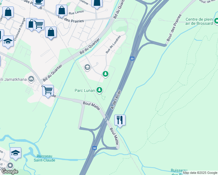 map of restaurants, bars, coffee shops, grocery stores, and more near 7255 Rue de Lunan in Brossard