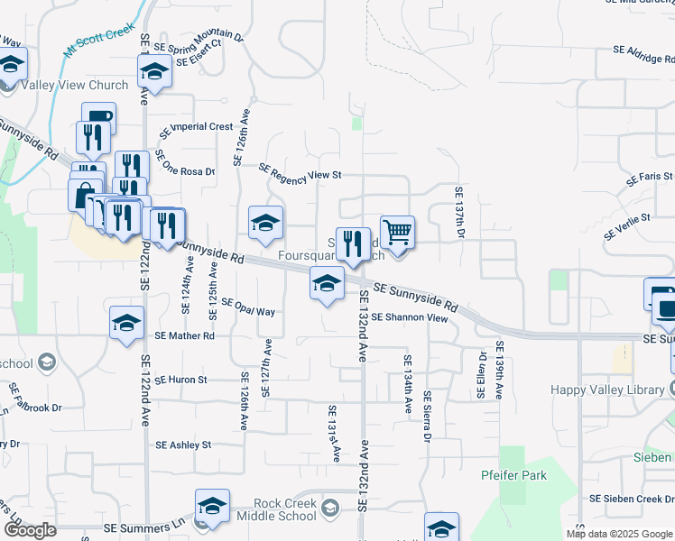 map of restaurants, bars, coffee shops, grocery stores, and more near 13047 Southeast Sunnyside Road in Clackamas
