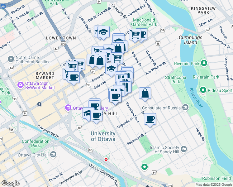 map of restaurants, bars, coffee shops, grocery stores, and more near 286 Wilbrod Street in Ottawa