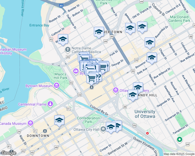 map of restaurants, bars, coffee shops, grocery stores, and more near in Ottawa