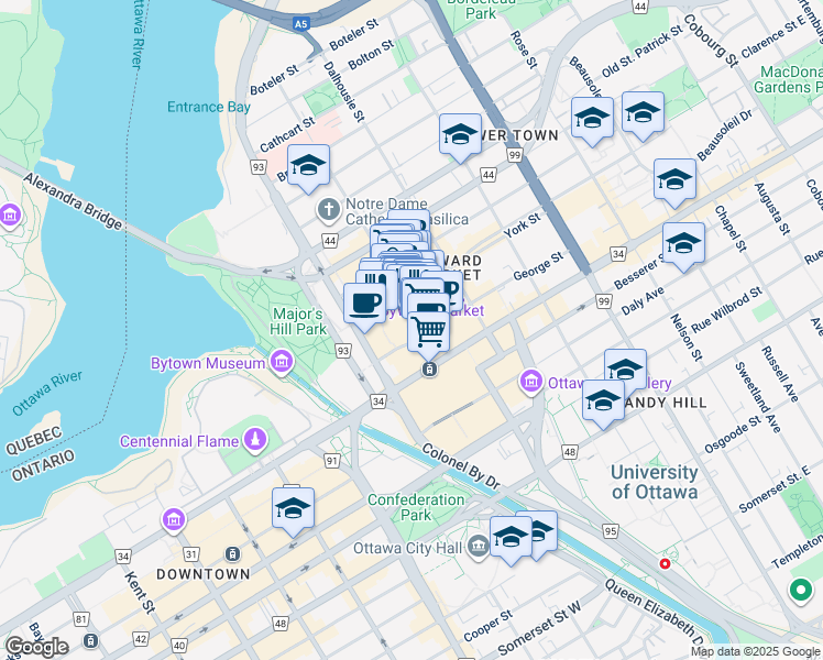 map of restaurants, bars, coffee shops, grocery stores, and more near 24 York Street in Ottawa