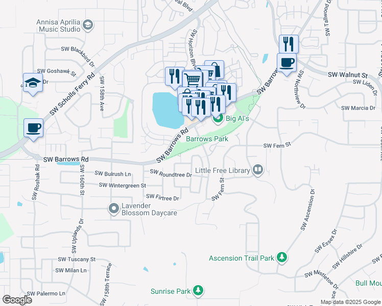 map of restaurants, bars, coffee shops, grocery stores, and more near 12921 Southwest Kameron Way in Tigard