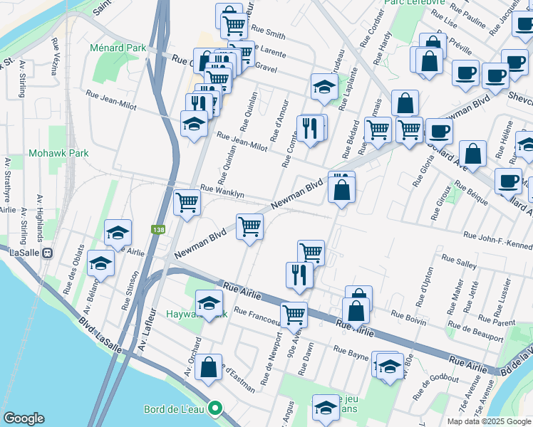 map of restaurants, bars, coffee shops, grocery stores, and more near 31129 Boulevard Newman in Montréal
