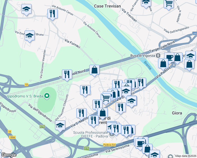map of restaurants, bars, coffee shops, grocery stores, and more near 21 Via Fratelli Cervi in Padua