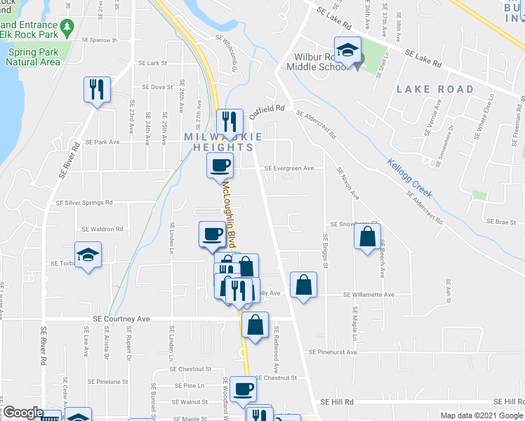 map of restaurants, bars, coffee shops, grocery stores, and more near 13211 Southeast Oatfield Road in Milwaukie