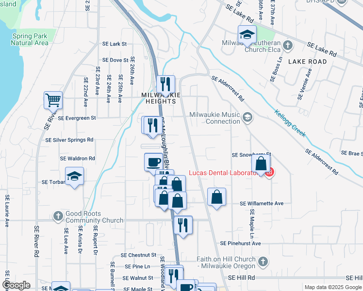 map of restaurants, bars, coffee shops, grocery stores, and more near 13211 Southeast Oatfield Road in Milwaukie