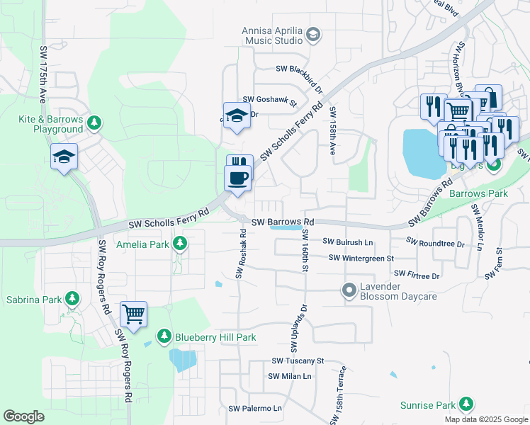map of restaurants, bars, coffee shops, grocery stores, and more near 102 Southwest Night Heron Lane in Beaverton