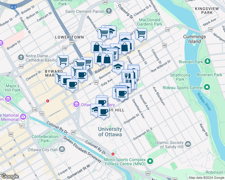 map of restaurants, bars, coffee shops, grocery stores, and more near in Ottawa