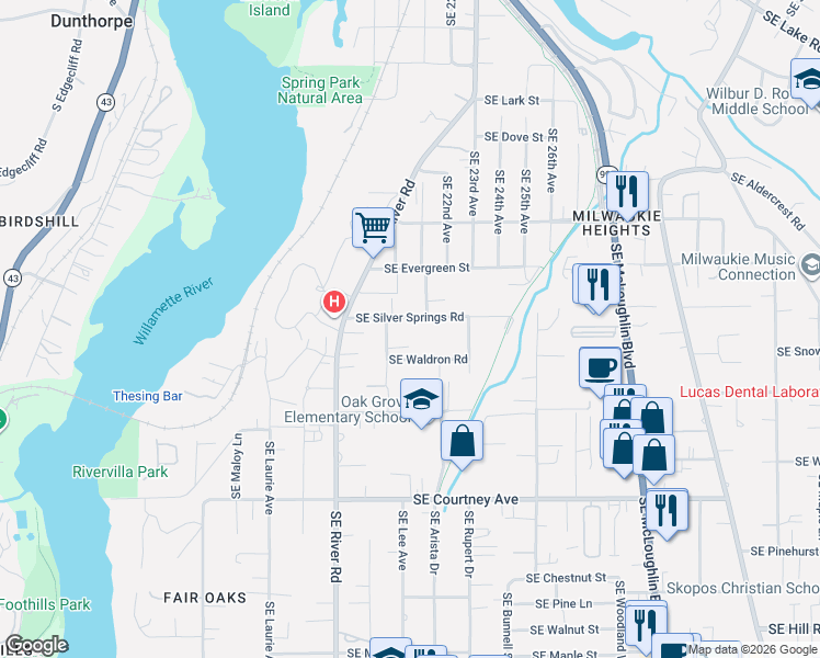 map of restaurants, bars, coffee shops, grocery stores, and more near 1902 Southeast Silver Springs Road in Oak Grove