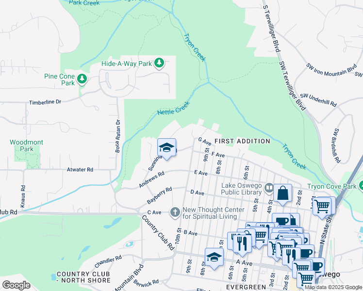 map of restaurants, bars, coffee shops, grocery stores, and more near 1051 Sunningdale Road in Lake Oswego