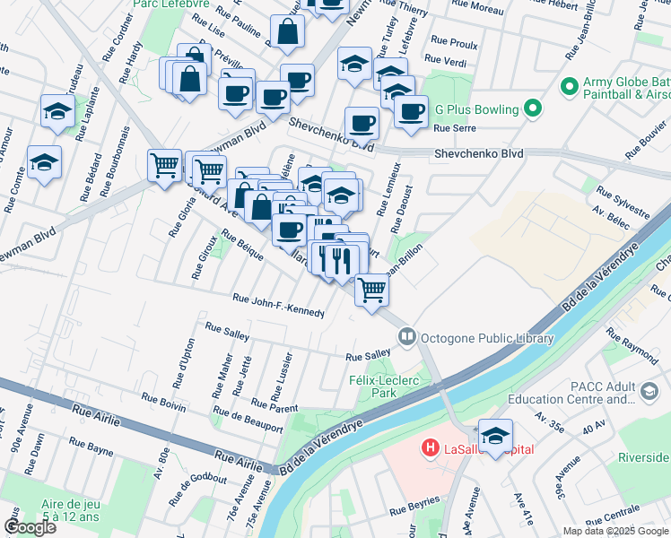 map of restaurants, bars, coffee shops, grocery stores, and more near 1447 Avenue Dollard in Montréal