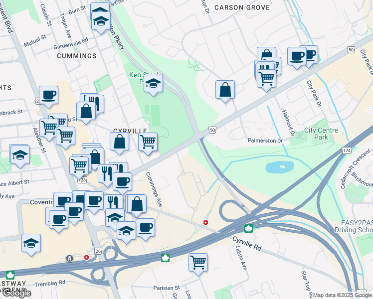 map of restaurants, bars, coffee shops, grocery stores, and more near 1220 Ogilvie Road in Ottawa