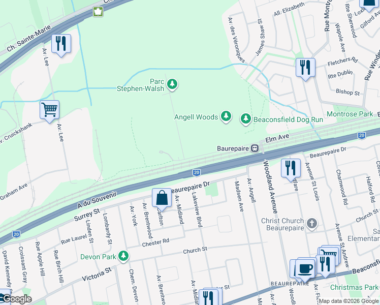 map of restaurants, bars, coffee shops, grocery stores, and more near 545 Avenue Elm in Beaconsfield