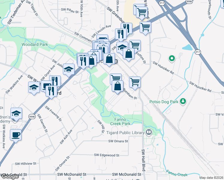 map of restaurants, bars, coffee shops, grocery stores, and more near 12790 Southwest Ash Avenue in Tigard