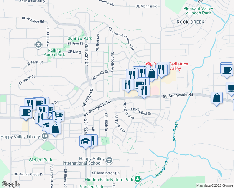 map of restaurants, bars, coffee shops, grocery stores, and more near 13020 Southeast 155th Avenue in Happy Valley