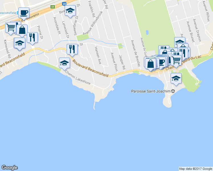 map of restaurants, bars, coffee shops, grocery stores, and more near 21 Chemin du Bord-du-Lac-Lakeshore in Pointe-Claire