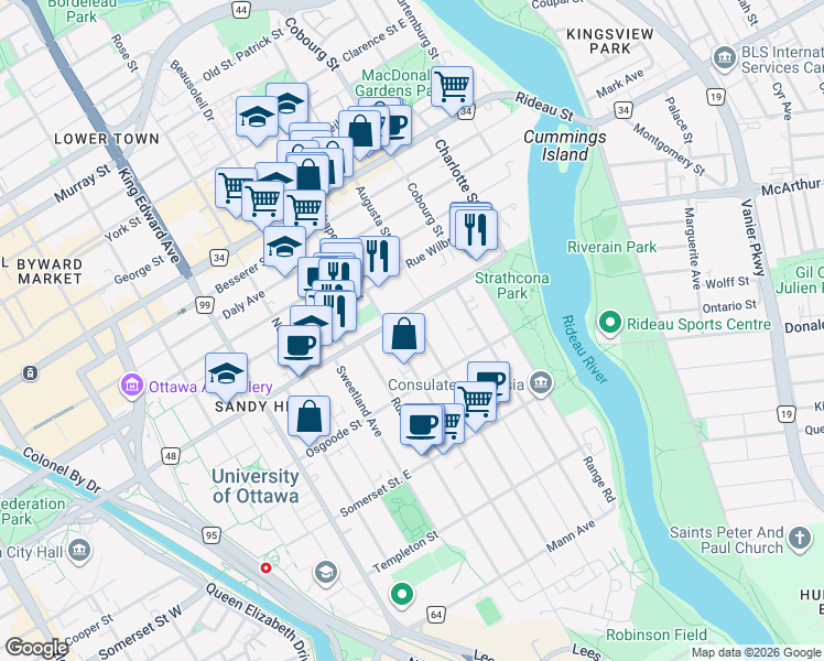 map of restaurants, bars, coffee shops, grocery stores, and more near 8 Avenue Blackburn in Ottawa