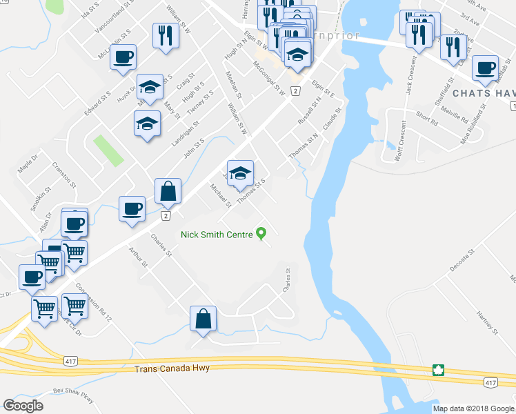 map of restaurants, bars, coffee shops, grocery stores, and more near 54 James Street in Arnprior