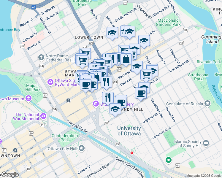 map of restaurants, bars, coffee shops, grocery stores, and more near 238 Besserer Street in Ottawa