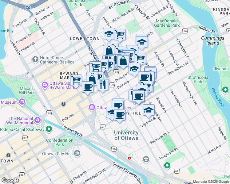 map of restaurants, bars, coffee shops, grocery stores, and more near in Ottawa