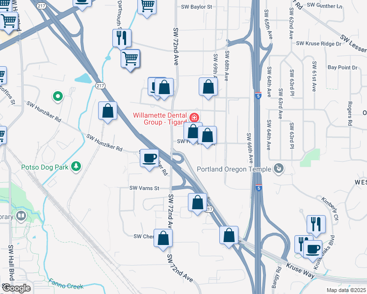 map of restaurants, bars, coffee shops, grocery stores, and more near 7100 Southwest Hampton Street in Tigard