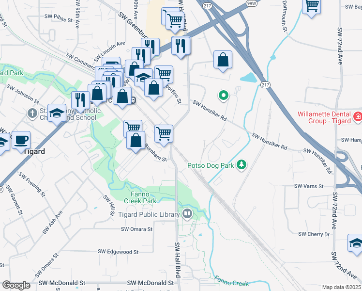 map of restaurants, bars, coffee shops, grocery stores, and more near 12650-12810 SW Hall Blvd in Tigard