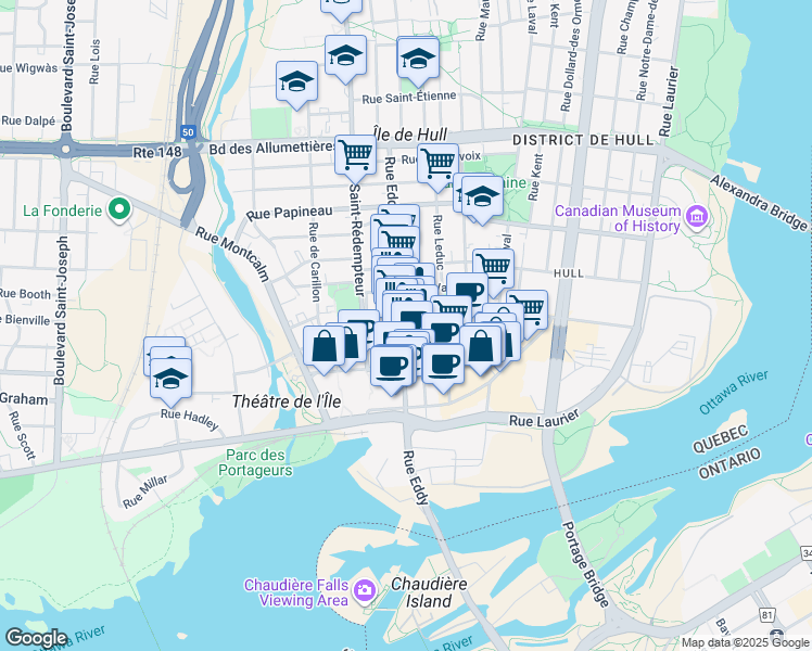 map of restaurants, bars, coffee shops, grocery stores, and more near in Gatineau